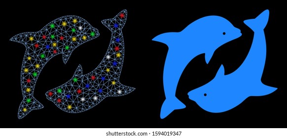 Glossy mesh dolphins icon with glare effect. Abstract illuminated model of dolphins. Shiny wire frame triangular network dolphins icon. Vector abstraction on a black background.