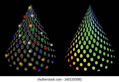 Glossy mesh dotted abstract cone icon with lightspot effect. Abstract illuminated model of dotted abstract cone. Shiny wire frame triangular mesh dotted abstract cone icon.
