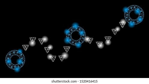 Glossy mesh dotted chart with glow effect. Abstract illuminated model of dotted chart icon. Shiny wire carcass polygonal mesh dotted chart. Vector abstraction on a black background.
