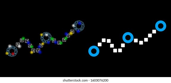 Glossy mesh dotted chart icon with glare effect. Abstract illuminated model of dotted chart. Shiny wire frame triangular network dotted chart icon. Vector abstraction on a black background.