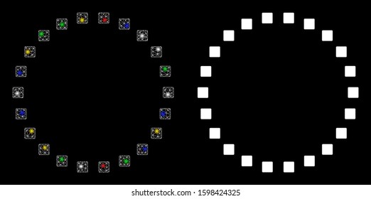 Glossy mesh dotted circle icon with sparkle effect. Abstract illuminated model of dotted circle. Shiny wire frame triangular mesh dotted circle icon. Vector abstraction on a black background.
