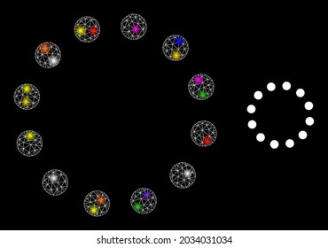 Glossy mesh dotted circle perimeter glare icon with lightspots. Illuminated vector model based on dotted circle perimeter picture.