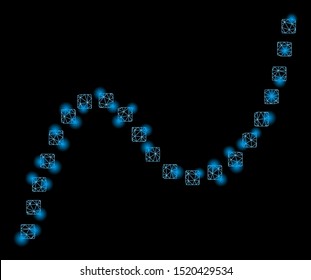 Glossy mesh dotted curve with lightspot effect. Abstract illuminated model of dotted curve icon. Shiny wire frame polygonal network dotted curve. Vector abstraction on a black background.