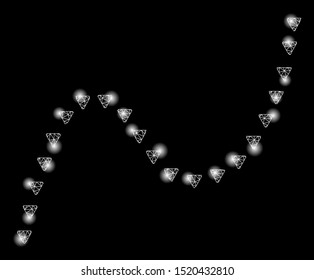 Glossy mesh dotted curve with sparkle effect. Abstract illuminated model of dotted curve icon. Shiny wire frame polygonal mesh dotted curve. Vector abstraction on a black background.