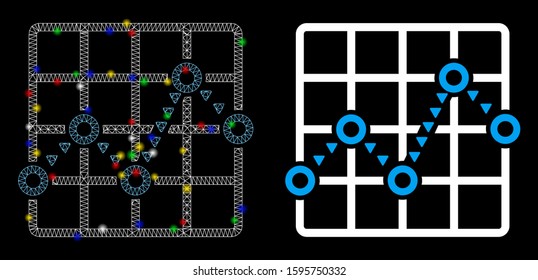 Glossy mesh dotted line grid plot icon with lightspot effect. Abstract illuminated model of dotted line grid plot. Shiny wire carcass polygonal mesh dotted line grid plot icon.