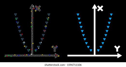 Glossy mesh dotted parabola plot icon with glare effect. Abstract illuminated model of dotted parabola plot. Shiny wire carcass polygonal mesh dotted parabola plot icon.