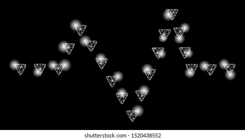Glossy mesh dotted pulse with glitter effect. Abstract illuminated model of dotted pulse icon. Shiny wire carcass polygonal mesh dotted pulse. Vector abstraction on a black background.