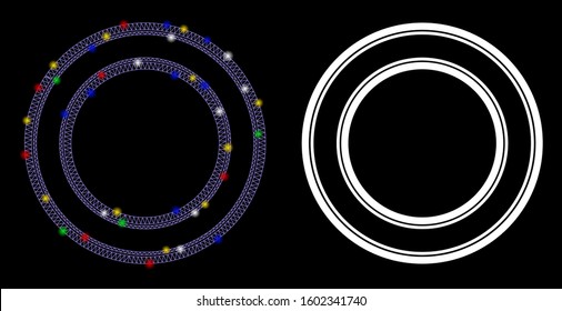 Glossy mesh double circle frame icon with sparkle effect. Abstract illuminated model of double circle frame. Shiny wire frame triangular mesh double circle frame icon.