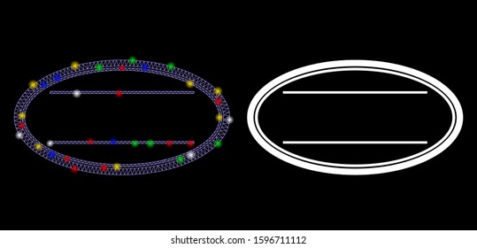 Glossy mesh double ellipse frame icon with lightspot effect. Abstract illuminated model of double ellipse frame. Shiny wire frame triangular mesh double ellipse frame icon.