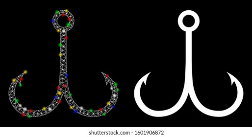 Glossy mesh double fishing hook icon with lightspot effect. Abstract illuminated model of double fishing hook. Shiny wire carcass triangular mesh double fishing hook icon.