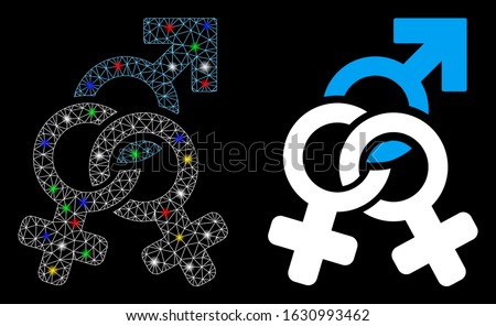 Glossy mesh double mistress icon with glitter effect. Abstract illuminated model of double mistress. Shiny wire frame polygonal mesh double mistress icon. Vector abstraction on a black background.