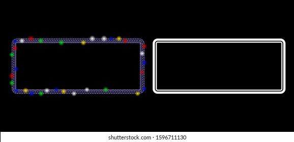 Glossy mesh double rounded rectangle frame icon with glare effect. Abstract illuminated model of double rounded rectangle frame. Shiny wire carcass triangular mesh double rounded rectangle frame icon.