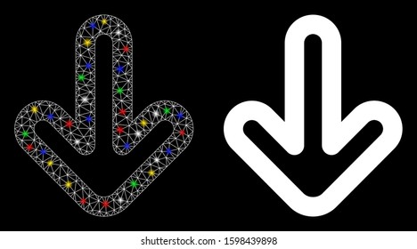 Glossy mesh down arrow icon with glare effect. Abstract illuminated model of down arrow. Shiny wire carcass triangular mesh down arrow icon. Vector abstraction on a black background.