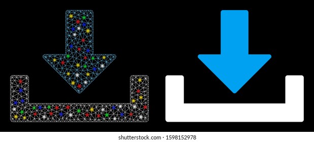 Glossy mesh download container icon with sparkle effect. Abstract illuminated model of download container. Shiny wire carcass triangular network download container icon.