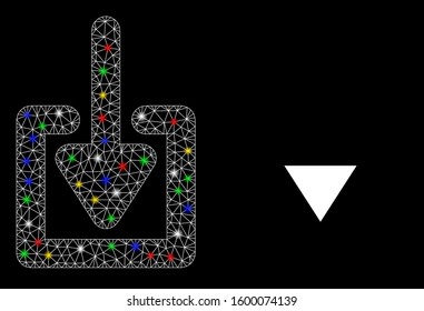 Glossy mesh download icon with glare effect. Abstract illuminated model of download. Shiny wire carcass triangular network download icon. Vector abstraction on a black background.