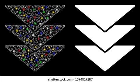 Glossy mesh downloads direction icon with glare effect. Abstract illuminated model of downloads direction. Shiny wire carcass polygonal mesh downloads direction icon.