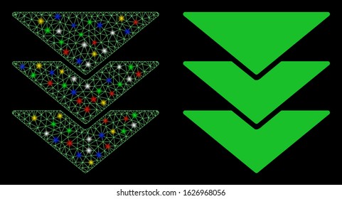 Glossy mesh downloads icon with lightspot effect. Abstract illuminated model of downloads. Shiny wire carcass triangular mesh downloads icon. Vector abstraction on a black background.