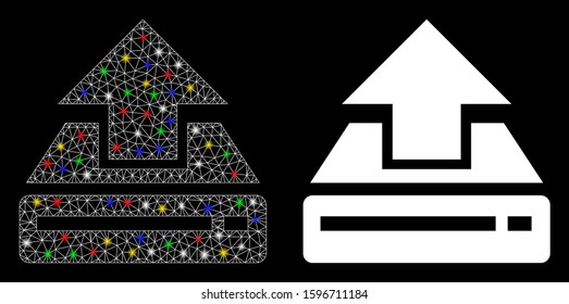 Glossy mesh drive upload icon with glare effect. Abstract illuminated model of drive upload. Shiny wire frame polygonal mesh drive upload icon. Vector abstraction on a black background.