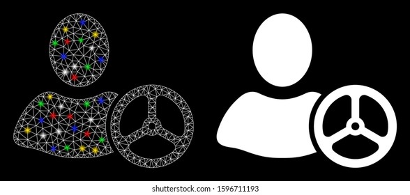 Glossy mesh driver icon with glitter effect. Abstract illuminated model of driver. Shiny wire carcass triangular mesh driver icon. Vector abstraction on a black background.