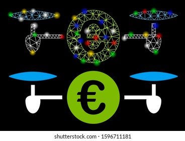 Glossy mesh drone payment icon with glow effect. Abstract illuminated model of drone payment. Shiny wire carcass triangular mesh drone payment icon. Vector abstraction on a black background.