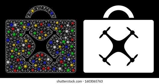 Glossy mesh drone toolbox icon with sparkle effect. Abstract illuminated model of drone toolbox. Shiny wire frame polygonal mesh drone toolbox icon. Vector abstraction on a black background.