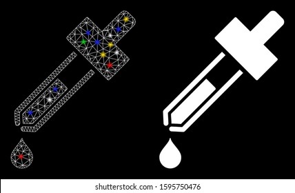 Glossy mesh dropper icon with sparkle effect. Abstract illuminated model of dropper. Shiny wire frame polygonal mesh dropper icon. Vector abstraction on a black background.
