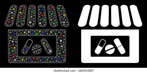 Glossy mesh drug shop icon with glitter effect. Abstract illuminated model of drug shop. Shiny wire carcass triangular mesh drug shop icon. Vector abstraction on a black background.