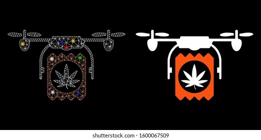 Glossy mesh drugs drone delivery icon with glare effect. Abstract illuminated model of drugs drone delivery. Shiny wire carcass triangular mesh drugs drone delivery icon.