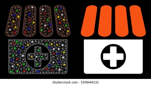 Glossy mesh drugstore icon with glare effect. Abstract illuminated model of drugstore. Shiny wire carcass polygonal mesh drugstore icon. Vector abstraction on a black background.