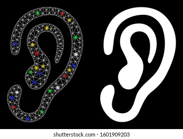Glossy mesh ear icon with lightspot effect. Abstract illuminated model of ear. Shiny wire frame triangular mesh ear icon. Vector abstraction on a black background.