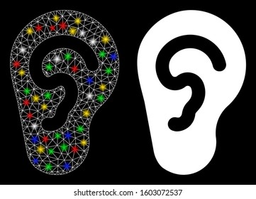 Glossy mesh ear icon with lightspot effect. Abstract illuminated model of ear. Shiny wire frame triangular mesh ear icon. Vector abstraction on a black background.