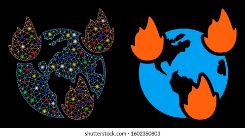 Glossy mesh Earth disasters icon with glare effect. Abstract illuminated model of Earth disasters. Shiny wire carcass triangular network Earth disasters icon. Vector abstraction on a black background.