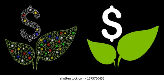 Glossy mesh eco startup icon with glow effect. Abstract illuminated model of eco startup. Shiny wire frame triangular mesh eco startup icon. Vector abstraction on a black background.