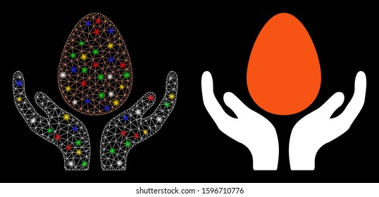 Glossy mesh egg incubator hands icon with glow effect. Abstract illuminated model of egg incubator hands. Shiny wire carcass polygonal mesh egg incubator hands icon.