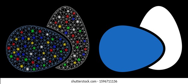 Glossy mesh eggs icon with glow effect. Abstract illuminated model of eggs. Shiny wire carcass triangular mesh eggs icon. Vector abstraction on a black background.