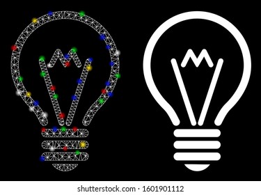 Glossy mesh electric bulb icon with glitter effect. Abstract illuminated model of electric bulb. Shiny wire frame polygonal mesh electric bulb icon. Vector abstraction on a black background.