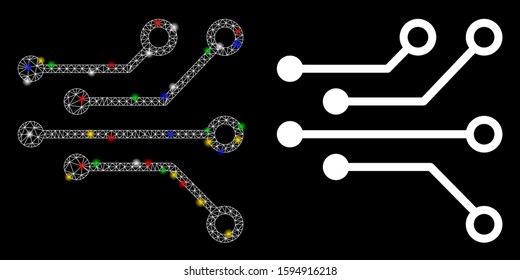 Glossy mesh electric circuit icon with sparkle effect. Abstract illuminated model of electric circuit. Shiny wire frame triangular mesh electric circuit icon. Vector abstraction on a black background.
