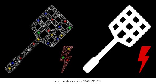 Glossy mesh electric fly killer icon with glow effect. Abstract illuminated model of electric fly killer. Shiny wire carcass polygonal mesh electric fly killer icon.