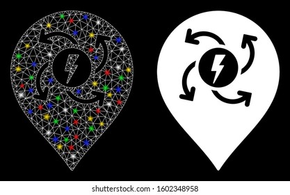 Glossy mesh electric motor marker icon with glow effect. Abstract illuminated model of electric motor marker. Shiny wire carcass polygonal mesh electric motor marker icon.