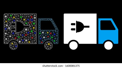 Glossy mesh electric truck icon with glow effect. Abstract illuminated model of electric truck. Shiny wire carcass triangular mesh electric truck icon. Vector abstraction on a black background.