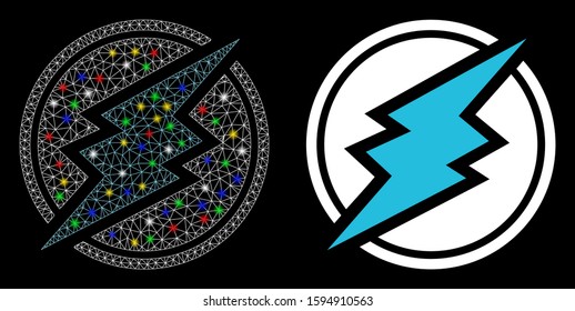Glossy mesh electroneum icon with sparkle effect. Abstract illuminated model of electroneum. Shiny wire carcass polygonal mesh electroneum icon. Vector abstraction on a black background.
