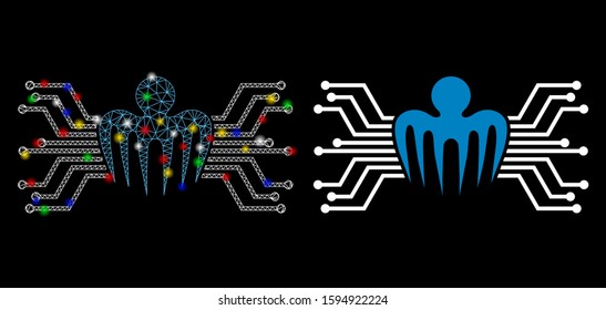 Glossy mesh electronic circuit spectre icon with glow effect. Abstract illuminated model of electronic circuit spectre. Shiny wire frame polygonal network electronic circuit spectre icon.
