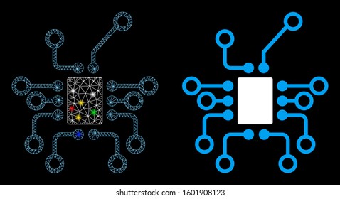 Glossy mesh electronics icon with glitter effect. Abstract illuminated model of electronics. Shiny wire frame triangular mesh electronics icon. Vector abstraction on a black background.