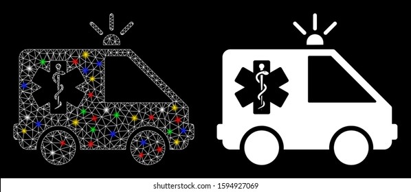 Glossy mesh emergency car icon with glitter effect. Abstract illuminated model of emergency car. Shiny wire frame triangular mesh emergency car icon. Vector abstraction on a black background.