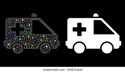 Glossy mesh emergency car icon with lightspot effect. Abstract illuminated model of emergency car. Shiny wire carcass polygonal mesh emergency car icon. Vector abstraction on a black background.