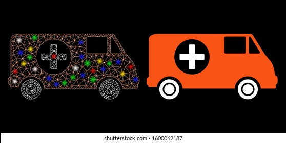 Glossy mesh emergency car icon with lightspot effect. Abstract illuminated model of emergency car. Shiny wire frame polygonal mesh emergency car icon. Vector abstraction on a black background.