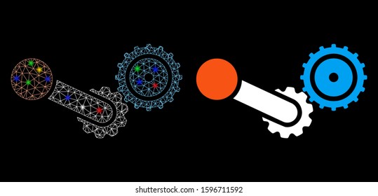 Glossy mesh engine icon with glitter effect. Abstract illuminated model of engine. Shiny wire carcass triangular network engine icon. Vector abstraction on a black background.