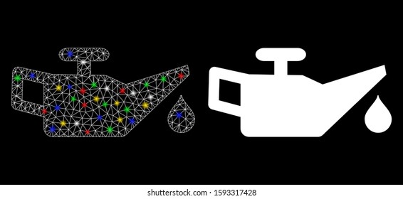 Glossy mesh engine oil icon with glare effect. Abstract illuminated model of engine oil. Shiny wire carcass triangular mesh engine oil icon. Vector abstraction on a black background.