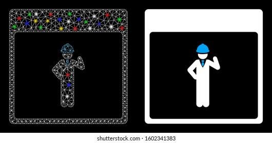 Glossy mesh engineer calendar page icon with glow effect. Abstract illuminated model of engineer calendar page. Shiny wire frame triangular mesh engineer calendar page icon.