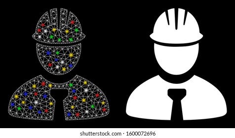 Glossy mesh engineer icon with glow effect. Abstract illuminated model of engineer. Shiny wire carcass polygonal network engineer icon. Vector abstraction on a black background.